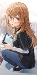 Rule 34 | 1girl, :o, black footwear, black shirt, blue pants, blurry, blurry background, blush, brown hair, collared shirt, denim, glasses, holding, holding tablet pc, indoors, jeans, long hair, long sleeves, looking at viewer, looking back, original, pants, parted lips, pink eyes, shirt, short sleeves, solo, squatting, tablet pc, white shirt, zattape
