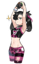 Rule 34 | 1girl, absurdres, alternate costume, arms up, black hair, blush stickers, bracelet, choker, commentary, creatures (company), cropped legs, dusk ball, english commentary, game freak, gloves, highres, holding, holding poke ball, hood (james x), jewelry, long hair, looking at viewer, marnie (pokemon), midriff, navel, nintendo, poke ball, pokemon, pokemon swsh, simple background, single glove, sketch, solo, sparkle, sportswear, stomach, twintails, undercut, white background