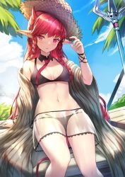 Rule 34 | 1girl, arknights, arm support, bare legs, bikini, black bikini, blue sky, braid, breasts, brown hat, cleavage, collarbone, day, demon girl, demon horns, detached collar, feet out of frame, hat, highres, horns, leaning back, long hair, long sleeves, medium breasts, miniskirt, navel, necktie, off shoulder, official alternate costume, outdoors, palm tree, pointy ears, polearm, red eyes, red hair, red necktie, rui rubellent, see-through, sitting, skirt, sky, solo, spear, stomach, straight hair, straw hat, swimsuit, tree, twin braids, very long hair, vigna (arknights), vigna (casual vacation) (arknights), weapon, wide sleeves