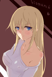 Rule 34 | 10s, 1girl, absurdres, alternate costume, bare shoulders, bismarck (kancolle), blonde hair, blue eyes, breasts, brown background, casual, character name, collarbone, dedeyong, dripping, covered erect nipples, heart, highres, kantai collection, light smile, long hair, looking at viewer, medium breasts, no bra, no headwear, no headwear, shirt, solo, taut clothes, taut shirt, upper body, wet, wet clothes, white shirt