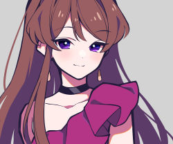 Rule 34 | 1girl, absurdres, aikatsu! (series), black choker, brown hair, choker, closed mouth, collarbone, commentary request, dress, earrings, grey background, highres, jewelry, light blush, long hair, looking at viewer, off-shoulder dress, off shoulder, purple dress, purple eyes, shibuki ran, simple background, smile, solo, uhouhogorigori, upper body