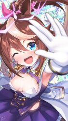 Rule 34 | 1girl, alternate costume, animal ears, arm up, armpits, bettle (b s a n), blue eyes, blurry, blurry foreground, blush, bow, breasts, cleavage, commentary request, detached sleeves, elbow gloves, gloves, hair between eyes, hair ornament, highres, horse ears, looking at viewer, multicolored hair, one eye closed, open mouth, pink bow, ponytail, small breasts, smile, solo, streaked hair, teeth, tokai teio (umamusume), umamusume, uniform, upper teeth only, white gloves, white hair