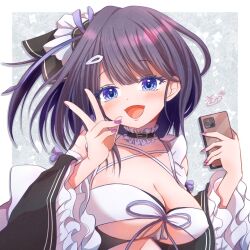 Rule 34 | 1girl, azur lane, blue eyes, blush, border, breasts, cellphone, cleavage, collar, detached collar, detached sleeves, dress, frilled collar, frilled dress, frills, hair ornament, hairclip, hands up, holding, holding phone, large breasts, liverpool (azur lane), looking at viewer, maid, medium hair, momobesaeka, open mouth, outside border, phone, purple hair, purple nails, signature, smartphone, smile, solo, upper body, v, white border, wide sleeves