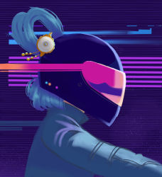 Rule 34 | 1girl, abstract background, alternate costume, blue hair, blue jacket, brochette, commission, driving, from side, hair ornament, hair rings, hair stick, helmet, jacket, kaku seiga, mogemochi, motorcycle helmet, purple background, short hair, solo, synthwave, touhou, upper body
