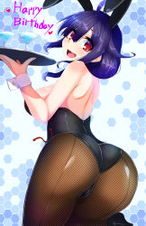Rule 34 | 10s, 1girl, animal ears, ass, back-seamed legwear, bare shoulders, black pantyhose, blue hair, blush, breasts, curvy, fake animal ears, female focus, fishnet pantyhose, fishnets, from behind, honeycomb (pattern), honeycomb background, honeycomb pattern, kantai collection, large breasts, leotard, long hair, looking at viewer, looking back, open mouth, pantyhose, playboy bunny, rabbit ears, red eyes, seamed legwear, sideboob, smile, solo, taigei (kancolle), tenken (gotannda), unmoving pattern, wide hips, wrist cuffs