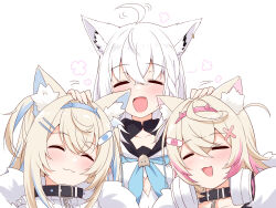 Rule 34 | 3girls, ahoge, animal ear fluff, animal ears, black collar, blonde hair, blue eyes, blue hair, blush, closed eyes, closed mouth, collar, commentary, dog ears, dog girl, english commentary, fang, felutiahime, fox ears, fox girl, fuwawa abyssgard, fuwawa abyssgard (1st costume), hair between eyes, hair ornament, headpat, headphones, headphones around neck, highres, holoadvent, hololive, hololive english, jacket, long hair, mococo abyssgard, mococo abyssgard (1st costume), multicolored hair, multiple girls, open mouth, pink eyes, pink hair, revision, shirakami fubuki, shirakami fubuki (1st costume), siblings, sisters, skin fang, smile, streaked hair, twins, virtual youtuber, white background, white hair