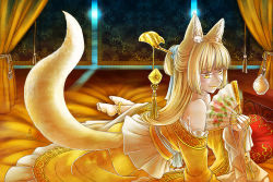 Rule 34 | 1girl, animal ears, anklet, antaria, arm support, bare shoulders, barefoot, bell, blonde hair, blunt bangs, blush, chinese clothes, colored eyelashes, curtains, folding fan, fox ears, fox tail, frills, hair ornament, hair stick, hand fan, holding, indoors, jewelry, journey to the west, light, lipstick, long hair, makeup, obi, pillow, sash, signature, sitting, soles, solo, tail, tassel, yellow eyes, yellow lips, yellow theme, yokozuwari, yu mian gongzhu
