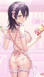 Rule 34 | 1girl, :q, absurdres, apron, arm garter, ass, bag, black hair, blush, bow, bra, breasts, bridal garter, commentary request, cowboy shot, food, frilled hairband, frills, from behind, garter straps, grey eyes, grocery bag, hair between eyes, hairband, hands up, highres, indoors, kitchen, large breasts, lingerie, long hair, looking to the side, noodles, original, panties, pink bow, polka dot, polka dot apron, ramen, shopping bag, solo, standing, syandega, tongue, tongue out, underwear
