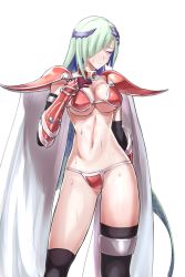 Rule 34 | 1girl, armor, bad anatomy, bikini armor, black thighhighs, breasts, brynhildr (fate), cape, choker, closed mouth, collarbone, cosplay, cropped legs, depo (typebaby505), elizabeth bathory (brave) (fate), elizabeth bathory (brave) (fate) (cosplay), elizabeth bathory (fate), embarrassed, fate/grand order, fate/prototype, fate/prototype: fragments of blue and silver, fate (series), gloves, hair over one eye, hand on own chest, highres, large breasts, long hair, looking to the side, navel, pauldrons, purple eyes, red gloves, shoulder armor, simple background, solo, standing, sweat, thighhighs, white background, white cape, white hair