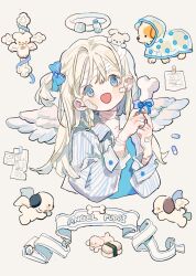 Rule 34 | 1girl, :d, angel, angel wings, bandaged arm, bandages, bandaid, bandaid on face, bandaid on hand, blonde hair, blue bow, blue eyes, blue ribbon, blue shirt, bone, bow, cropped torso, earrings, feathered wings, food, hair bow, halo, highres, holding, holding bone, jacket, jewelry, long hair, long sleeves, looking at viewer, one side up, open clothes, open mouth, original, paper, pill, putong xiao gou, ribbon, shirt, simple background, smile, solo, striped clothes, striped shirt, stud earrings, sushi, upper body, vertical-striped clothes, vertical-striped shirt, white background, white wings, wings