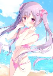 Rule 34 | 1girl, bare arms, bare shoulders, beach, bikini, blue sky, blush, breasts, cloud, commentary request, day, flower, frilled bikini, frills, hair flower, hair ornament, hands up, highres, horizon, long hair, looking at viewer, medium breasts, ocean, open mouth, original, outdoors, pink bikini, pink flower, purple eyes, purple hair, sand, shiratama (shiratamaco), sky, solo, swimsuit, twintails, very long hair, water, water drop