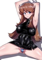 Rule 34 | 1girl, absurdres, armpits, arms up, bare shoulders, blue eyes, breasts, brown hair, covered navel, creatures (company), female focus, game freak, gggg, gloves, gluteal fold, green (pokemon), highres, large breasts, long hair, nintendo, nipples, open mouth, panties, parted lips, pokemon, pokemon adventures, spread legs, thong, turtleneck, underwear, white background