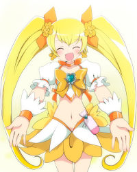 Rule 34 | 10s, 1girl, :d, ^ ^, bad id, bad pixiv id, blonde hair, blush, bow, brooch, closed eyes, cure sunshine, detached sleeves, earrings, heart, heart brooch, heartcatch precure!, jewelry, long hair, magical girl, massala, midriff, myoudouin itsuki, open mouth, orange bow, outstretched arms, precure, skirt, smile, solo, twintails, very long hair, white background, yellow bow, yellow skirt, yellow theme