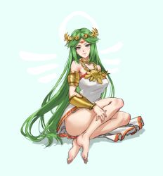 Rule 34 | 1girl, athenawyrm, bare legs, bare shoulders, barefoot, blush, breasts, commentary, dress, feet, full body, green eyes, green hair, jewelry, kid icarus, kid icarus uprising, long hair, looking at viewer, medium breasts, necklace, nintendo, palutena, parted lips, shadow, simple background, sitting, smile, solo, strapless, strapless dress, tiara, very long hair, white dress, yokozuwari