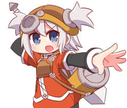 Rule 34 | 1girl, :o, blue eyes, blush, brown hat, dress, hair between eyes, hair through headwear, hat, layered sleeves, long sleeves, looking at viewer, naga u, open mouth, orange dress, outstretched arm, pratty, short over long sleeves, short sleeves, silver hair, simple background, solo, summon night, summon night: swordcraft story, sword, sword behind back, two side up, v-shaped eyebrows, weapon, white background