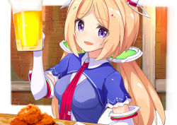 Rule 34 | 1girl, :d, aki rosenthal, aki rosenthal (1st costume), alcohol, ame., beer, beer mug, blonde hair, blue vest, blush, bob cut, breasts, brick wall, collared dress, commentary request, cup, dress, elbow gloves, food, gloves, hand up, headgear, highres, holding, holding cup, hololive, long hair, looking at viewer, low twintails, medium breasts, mug, necktie, open mouth, parted bangs, purple eyes, red necktie, short sleeves, shrug (clothing), smile, solo, table, twintails, upper body, very long hair, vest, virtual youtuber, white dress, white gloves