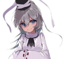 Rule 34 | 1girl, asuzemu, blue eyes, commentary request, grey hair, hands in opposite sleeves, hat, japanese clothes, kariginu, long hair, long sleeves, mononobe no futo, ponytail, ribbon-trimmed sleeves, ribbon trim, smile, solo, tate eboshi, touhou, white background, wide sleeves