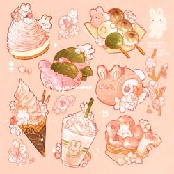 Rule 34 | :3, animal-themed food, artist name, black eyes, blush stickers, branch, cherry blossoms, closed mouth, commentary, cup, dango, disposable cup, doughnut, drink, drinking straw, english commentary, flower, food, food focus, highres, ice cream, ice cream cone, icicle, mochi, nao (bestrollever), napkin, no humans, nose bubble, notice lines, original, pink background, pink flower, pocky, rabbit, sanshoku dango, simple background, smile, solid oval eyes, spring (season), wagashi, watermark, whipped cream