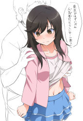 Rule 34 | 1boy, 1girl, black hair, blush, grabbing another&#039;s breast, brown eyes, chikan, clenched hands, clothes lift, collarbone, fat, fat man, glasses, grabbing, grabbing from behind, groping, hand on another&#039;s shoulder, hetero, ichijou hotaru, long hair, long sleeves, midriff, molestation, navel, non non biyori, partially colored, shirt, shirt lift, short hair, short sleeves, skirt, tears, translation request, trembling, youkan