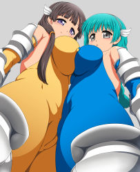 Rule 34 | 2girls, absurdres, anime coloring, aqua hair, armor, armored boots, black eyes, boots, braid, breast press, breasts, brown hair, cameltoe, capitan (tsyoujo), cleft of venus, covered erect nipples, fat mons, from below, hairband, highres, impossible clothes, large breasts, long hair, looking down, multiple girls, original, parted lips, ponytail, purple eyes, single braid, skin tight, symmetrical docking, thighhighs