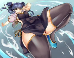 Rule 34 | 1girl, black thighhighs, blue hair, breasts, china dress, chinese clothes, dress, hai ookami, open mouth, original, panties, pantyshot, red hair, red panties, short hair, solo, thick thighs, thighhighs, thighs, underwear