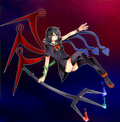 Rule 34 | 1girl, bad id, bad pixiv id, black dress, black hair, black thighhighs, bow, dress, female focus, full body, gradient background, houjuu nue, polearm, red eyes, red hair, short hair, snake, solo, spear, thighhighs, touhou, trident, weapon, wings, zettai ryouiki