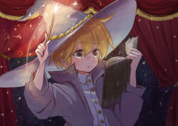 Rule 34 | 1boy, blonde hair, blush, book, brown hair, child, commentary, hat, highres, holding, holding book, holding wand, male focus, meru lotte, original, reading, red curtains, robe, shirt, solo, sparkle, studying, symbol-only commentary, upper body, wand, white shirt, wizard hat