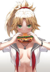 Rule 34 | 1girl, alternate costume, blonde hair, breasts, burger, commentary request, crop top, eating, fate/apocrypha, fate (series), food, gradient background, green eyes, hair ornament, hair scrunchie, highres, holding, holding food, jewelry, long hair, looking at viewer, medium breasts, mordred (fate), navel, neckerchief, necklace, no bra, open clothes, open shirt, red neckerchief, red scrunchie, scrunchie, short sleeves, small breasts, solo, standing, tonee, upper body