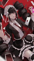 Rule 34 | 1girl, aimomushi, black hair, blood, bonnet, card, celestia ludenberg, center frills, cowboy shot, danganronpa: trigger happy havoc, danganronpa (series), drill hair, earrings, frills, gothic lolita, highres, jacket, jewelry, layered skirt, lolita fashion, long hair, long sleeves, looking at viewer, necktie, pink blood, playing card, red background, red eyes, red necktie, revision, shiny skin, shirt, skirt, smile, solo, thighhighs, twin drills, twintails