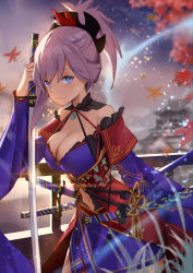 Rule 34 | 1girl, absurdres, blue eyes, blurry, blurry background, breasts, cleavage, clothing cutout, cowboy shot, depth of field, duan zhu, fate/grand order, fate (series), from side, hair ornament, highres, katana, large breasts, leaf, looking at viewer, magatama, maple leaf, miyamoto musashi (fate), miyamoto musashi (third ascension) (fate), navel, navel cutout, outdoors, pink hair, ponytail, single sidelock, solo, sword, weapon, wide sleeves