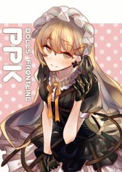 Rule 34 | 1girl, black dress, black gloves, blonde hair, bow, brown eyes, cross, cross necklace, dress, earrings, girls&#039; frontline, gloves, gun, hair bow, hair ornament, hair ribbon, hairband, handgun, highres, jewelry, long hair, looking at viewer, necklace, necktie, pistol, pocket pistol, ppk (girls&#039; frontline), ribbon, simple background, smile, solo, speech bubble, tokiha suzumiya, walther, walther ppk, weapon