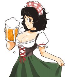 Rule 34 | 10s, 1girl, alcohol, beer, black eyes, black hair, blush, breasts, cleavage, closed mouth, cup, dirndl, dress, drinking glass, foam, frilled dress, frills, german clothes, glass, green skirt, happy, headdress, holding, holding clothes, holding skirt, inkerton-kun, kawakami sadayo, large breasts, long skirt, maid headdress, oktoberfest, persona, persona 5, short hair, short sleeves, simple background, skirt, skirt grab, smile, solo, standing, waitress, white background