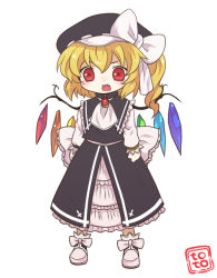 Rule 34 | 1girl, alternate costume, ascot, blonde hair, bow, brooch, deformed, fang, flandre scarlet, hat, hat bow, jewelry, red eyes, solo, toto (hitori othello), touhou, white background, wings