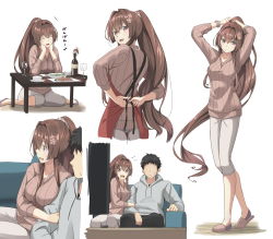 Rule 34 | +++, 1boy, 1girl, :d, ^ ^, alternate costume, apron, black hair, black pants, bottle, breasts, brown eyes, brown hair, brown sweater, closed eyes, commentary request, couch, cup, drinking glass, eighth note, faceless, faceless male, fairy (kancolle), flower, food, full body, grey hoodie, grey jacket, grey shirt, hair between eyes, hair flower, hair intakes, hair ornament, highres, hood, hoodie, jacket, kantai collection, large breasts, long hair, long sleeves, multiple views, musical note, negahami, open mouth, pants, pink flower, ponytail, red apron, ribbed sweater, shirt, short hair, simple background, smile, sweater, tears, translation request, very long hair, white background, wine bottle, wine glass, yamato (kancolle)