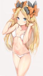 Rule 34 | 1girl, abigail williams (fate), arms up, bare arms, bare shoulders, bikini, black bow, blonde hair, blue eyes, blush, bow, breasts, collarbone, cowboy shot, fate/grand order, fate (series), forehead, grey background, groin, hair bow, hair ornament, hands in hair, hands up, highres, hip focus, long hair, looking at viewer, navel, orange bow, parted bangs, parted lips, polka dot, polka dot bow, silver (chenwen), simple background, small breasts, solo, swimsuit, thighs, very long hair, white bikini