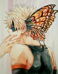 Rule 34 | 10s, 1boy, 323emaki, back, bakugou katsuki, black hair, blonde hair, boku no hero academia, butterfly wings, domino mask, eyelashes, from side, hair ornament, hand on another&#039;s face, head wings, insect wings, male focus, marble, mask, multicolored hair, out of frame, parted lips, profile, sleeveless, solo focus, tank top, traditional media, two-tone hair, upper body, wings