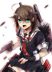 Rule 34 | 10s, 1girl, ahoge, black gloves, black skirt, blue eyes, braid, brown hair, cannon, fingerless gloves, gloves, hair flaps, hair ornament, hair ribbon, highres, kairi (kai ri), kantai collection, long hair, machinery, necktie, open mouth, ribbon, school uniform, serafuku, shigure (kancolle), shigure kai ni (kancolle), single braid, skirt, solo, torpedo, turret