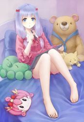 Rule 34 | 1girl, absurdres, barefoot, bed, blue eyes, bow, drawing tablet, eromanga sensei, feet, francascofeng, full body, hair bow, highres, holding, izumi sagiri, light purple hair, long hair, looking at viewer, mask, unworn mask, on bed, pajamas, parted lips, pillow, pink pajamas, red bow, sitting, solo, stuffed animal, stuffed fox, stuffed octopus, stuffed toy, stylus, teddy bear