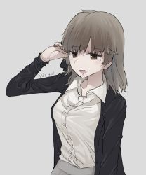Rule 34 | 1girl, :d, aged up, bad id, bad pixiv id, black jacket, breasts, brown eyes, brown hair, buttons, collarbone, collared shirt, dress shirt, grey background, hand up, hatoba tsugu, hatoba tsugu, highres, jacket, long hair, long sleeves, medium breasts, megame (okbnkn), mole, mole under eye, open clothes, open jacket, open mouth, shirt, smile, solo, unbuttoned, upper body, virtual youtuber, white shirt