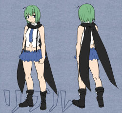 Rule 34 | 1girl, alternate costume, antennae, aoshima, bare shoulders, between breasts, blue eyes, breasts, cape, contemporary, green hair, highres, midriff, necktie, necktie between breasts, short hair, solo, suspenders, team 9 (touhou), touhou, wriggle nightbug