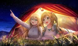 2girls :d blonde_hair blurry brown_hair camping cardigan cinderella_series crossed_arms crossover depth_of_field fang game_cg grass green_cardigan green_eyes hachigatsu_no_cinderella_nine hair_bobbles hair_ornament highres inuyama_aoi jacket jacket_on_shoulders lantern lens_flare long_hair long_sleeves looking_ahead lying multiple_girls night night_sky non-web_source nozaki_yuuki official_art on_back open_mouth outdoors pointing pointing_forward side_ponytail skin_fang sky smile sparkle star_(sky) starry_sky sweater tent thick_eyebrows white_sweater yurucamp