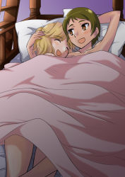Rule 34 | 2girls, :d, arm behind head, azuma seira, bad id, bad pixiv id, bed sheet, blonde hair, blush, brown eyes, brown hair, closed eyes, go! princess precure, hand on another&#039;s head, looking at another, lying, multiple girls, nishimine ayaka, nude, on back, ono toshihiro, open mouth, pillow, precure, short hair, smile, under covers, yuri