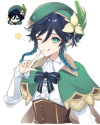 Rule 34 | 1boy, ;q, ascot, beret, blue hair, blush, braid, brooch, brown corset, buttons, cape, cecilia flower (genshin impact), center frills, collared cape, commentary request, corset, dark blue hair, ebibi chiriri, finger to mouth, flower, frilled sleeves, frills, genshin impact, gradient hair, green cape, green eyes, green hat, hat, hat flower, highres, jewelry, long sleeves, looking at viewer, male focus, meme, multicolored hair, one eye closed, reference inset, ribbon, shirt, short hair with long locks, sidelocks, simple background, solo, star (symbol), striped ribbon, tongue, tongue out, twin braids, venti (genshin impact), white ascot, white background, white shirt