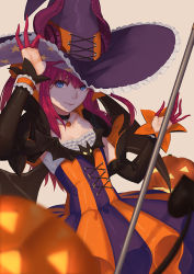 Rule 34 | 10s, 1girl, bat (animal), blue eyes, choker, demon tail, detached sleeves, dragon girl, dress, elizabeth bathory (fate), elizabeth bathory (fate/extra ccc), elizabeth bathory (fate/grand order), elizabeth bathory (halloween caster) (fate), fate/extra, fate/extra ccc, fate/grand order, fate (series), frilled hat, frills, halloween, hat, horns, jack-o&#039;-lantern, long hair, looking at viewer, pink hair, pointy ears, smile, solo, star (symbol), star print, striped clothes, striped dress, tail, vertical-striped clothes, vertical-striped dress, whitem (whiteemperor2020), witch hat