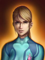 Rule 34 | 1girl, blonde hair, bodysuit, collarbone, eyelashes, gradient background, grey eyes, hair between eyes, lips, long hair, looking at viewer, md5 mismatch, metroid, mole, mole under mouth, nintendo, nose, orange background, parted bangs, ponytail, realistic, resized, resolution mismatch, samus aran, serious, signature, skin tight, solo, source smaller, swept bangs, tristion edison, upper body, upscaled, zero suit