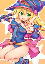 Rule 34 | 1girl, bare shoulders, blonde hair, blue footwear, blush, blush stickers, boots, breasts, choker, cleavage, dark magician girl, duel monster, green eyes, hat, ico (green bullet), large breasts, long hair, open mouth, pentacle, smile, solo, staff, wizard hat, yu-gi-oh!, yuu-gi-ou, yu-gi-oh! duel monsters
