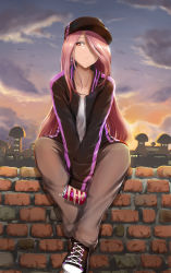 Rule 34 | 1girl, black cardigan, blouse, brown eyes, brown pants, can, cardigan, casual, closed mouth, collarbone, drink can, earrings, evening, hair over one eye, highres, holding, holding can, jewelry, jojobirdz, little witch academia, long hair, long sleeves, looking at viewer, outdoors, pants, parted bangs, pink hair, shirt, shoes, sitting, sneakers, soda can, solo, sucy manbavaran, unzipped, very long hair, white shirt