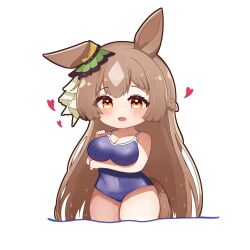 Rule 34 | 1girl, absurdres, arm under breasts, blue one-piece swimsuit, blush, braid, breast hold, breasts, brown eyes, brown hair, chibi, chibi only, commentary, competition school swimsuit, ear ornament, french braid, half updo, heart, highres, hmpn12, horse girl, large breasts, long hair, looking at viewer, multicolored hair, one-piece swimsuit, open mouth, satono diamond (umamusume), school swimsuit, simple background, solo, streaked hair, swimsuit, umamusume, white background