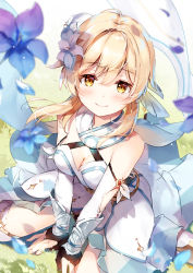 Rule 34 | 1girl, bare shoulders, between legs, black gloves, blonde hair, blue flower, blurry, blurry foreground, blush, breasts, brown eyes, cleavage, closed mouth, commentary request, depth of field, detached sleeves, dress, flower, genshin impact, gloves, hair between eyes, hair flower, hair ornament, hand between legs, long hair, lumine (genshin impact), medium breasts, miyase mahiro, on grass, partially fingerless gloves, purple flower, sitting, smile, solo, white dress, white flower, white sleeves