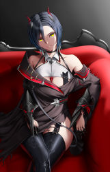 Rule 34 | 1girl, azur lane, bare shoulders, black background, black choker, black hair, black jacket, black thighhighs, blue skirt, breast strap, breasts, choker, claw ring, cleavage, closed mouth, collarbone, collared shirt, commentary, couch, cowboy shot, crop top, cropped shirt, cross, garter straps, hair between eyes, head tilt, highres, horns, iron cross, jacket, long sleeves, looking at viewer, medium breasts, multicolored hair, naga (pixiv70891418), off-shoulder jacket, off shoulder, red horns, shadow, shirt, short hair, sidelocks, sitting, skindentation, skirt, solo, thighhighs, ulrich von hutten (azur lane), white hair, white shirt, yellow eyes